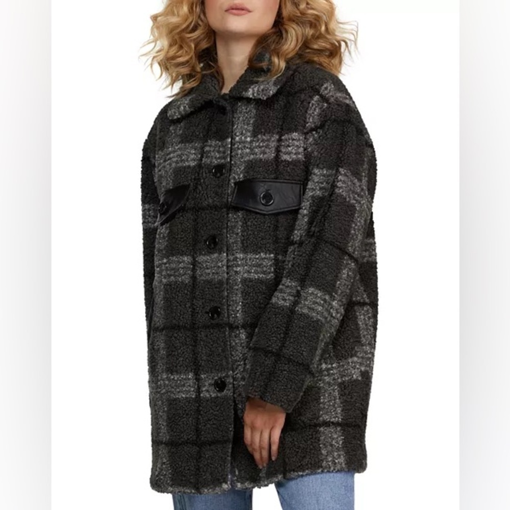 NVLT Shacket Plaid Faux Leather Trim Coat Berber teddy bear plaid sz lg